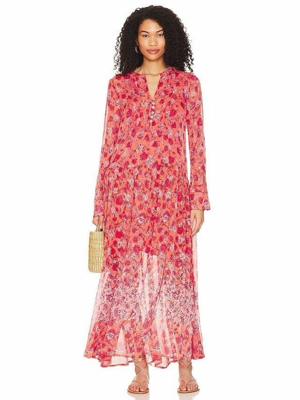Free People Coral Floral Sheer Tiered Maxi Dress - Picture 8 of 16
